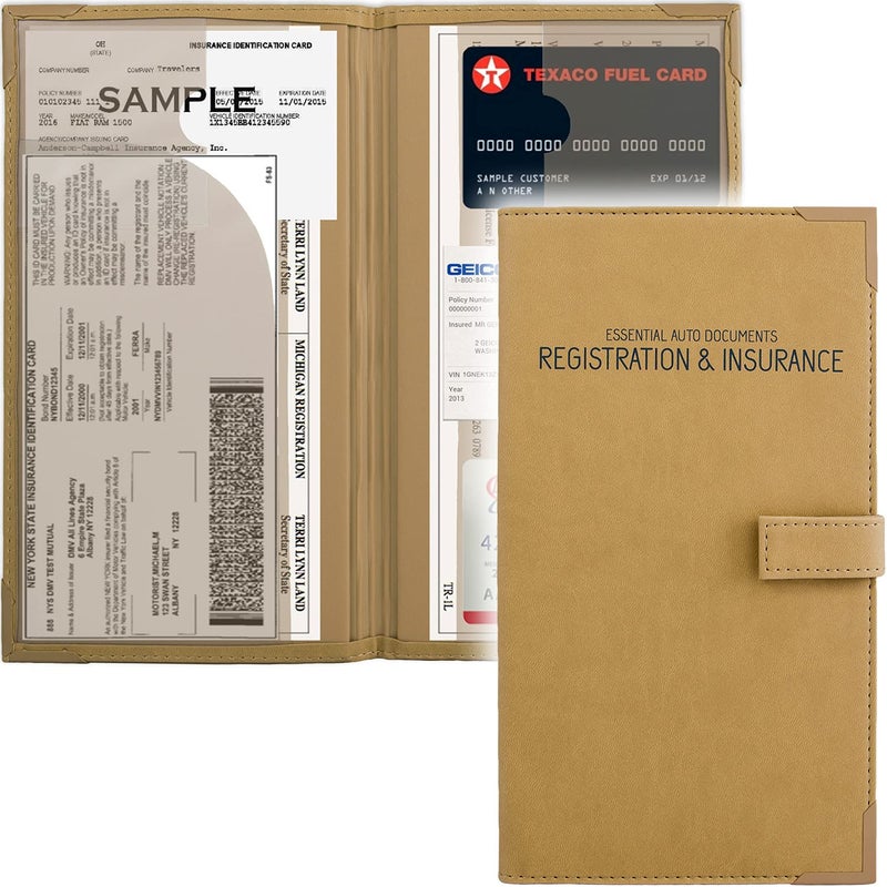 PlusXpres Auto Insurance and Registration Card Holder - Vehicle Glove Box Document Organizer - Car Essential Paperwork Holder for DMV  AAA  Contact Information Cards - Premium PU Leather Wallet Case - Beige - Image 1